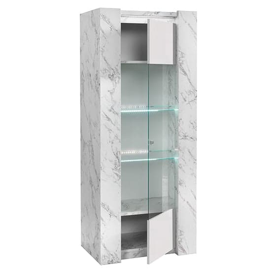 Attoria LED 1 Door Wooden Display Cabinet White Marble Effect_2