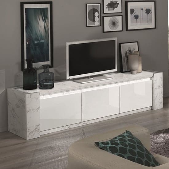 Attoria LED Large Wooden TV Stand In White Marble Effect_1
