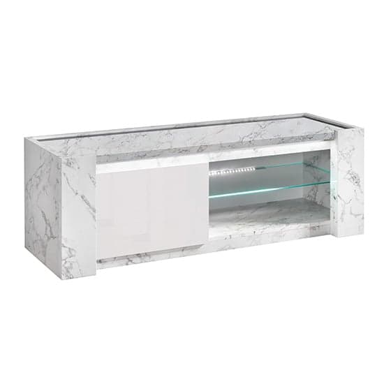 Attoria Wooden TV Stand In White Marble Effect With LED Lights_2