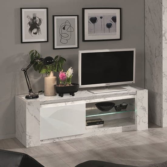 Attoria Wooden TV Stand In White Marble Effect With LED Lights_1