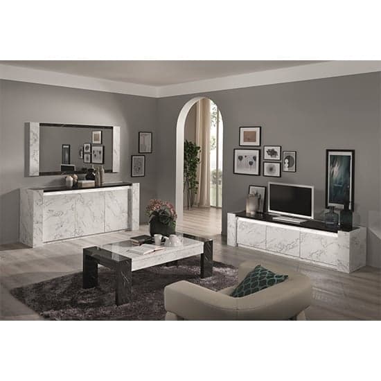 Attoria LED Wooden Sideboard In Black And White Marble Effect_2