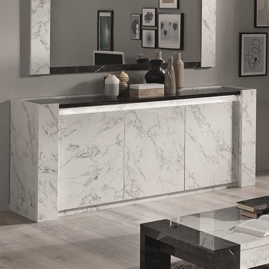 Attoria LED Wooden Sideboard In Black And White Marble Effect_1
