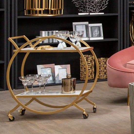 Avanto White Marble Shelves Drinks Trolley With Gold Frame_1