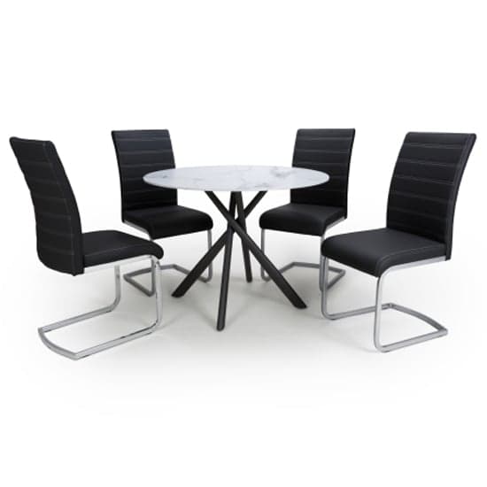 Accro White Glass Dining Table With 4 Conary Black Chairs