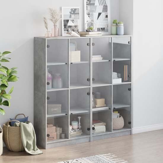 Avila Wooden Bookcase With 8 Glass Doors In Concrete Effect_1