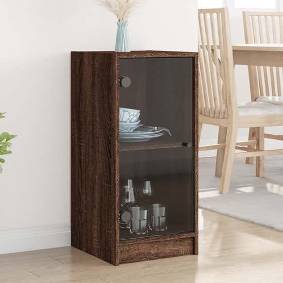 Avila Wooden Side Cabinet With 1 Glass Door In Brown Oak_1