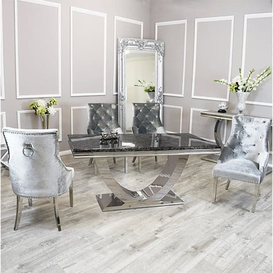 Avon Black Marble Dining Table With 6 Dessel Pewter Chairs_1