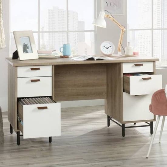 Avon Computer Desk With 6 Drawers In Sky Oak And White_2