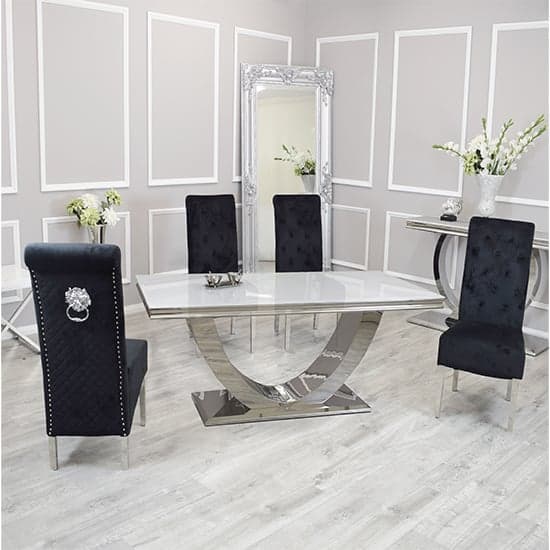 Avon White Glass Dining Table With 4 Elmira Black Chairs_1