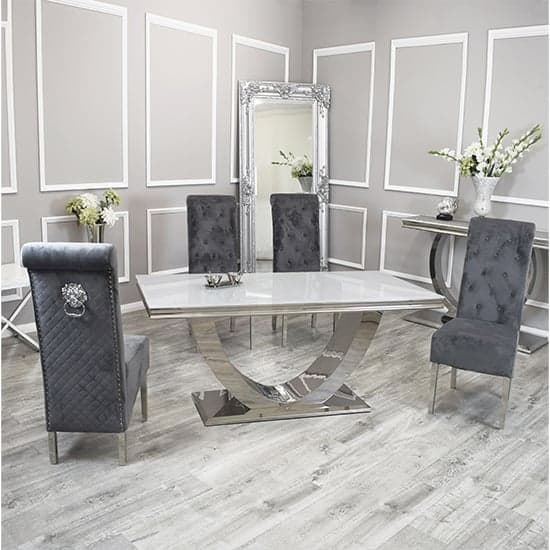 Avon White Glass Dining Table With 4 Elmira Dark Grey Chairs_1