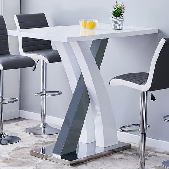 Axara High Gloss Bar Table In White Grey 4 Ripple Grey Stools_2
