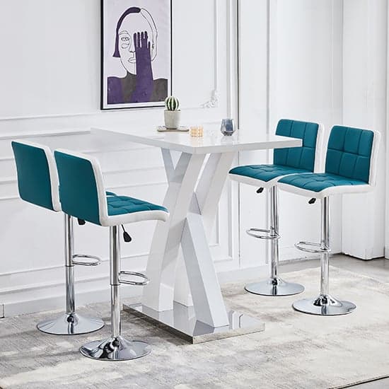 Axara White High Gloss Bar Table With 4 Copez Teal White Stools_1