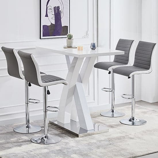 Axara White High Gloss Bar Table With 4 Ritz Grey White Stools_1