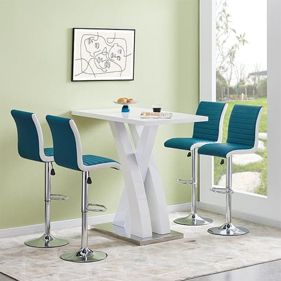 Axara White High Gloss Bar Table With 4 Ritz Teal White Stools_1