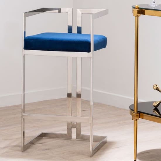 Azaltro Blue Velvet Bar Stool With Silver Steel Frame Furniture in