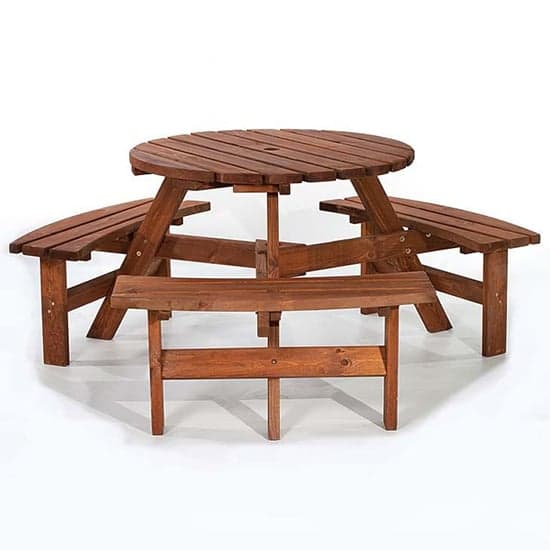 Balint Timber Picnic Table Round With Benches In Brown_1