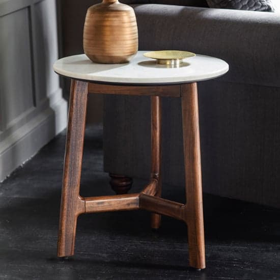 Barcela Wooden Side Table With White Marble Top In Walnut_1