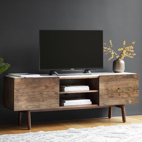Barcela Wooden TV Stand With White Marble Top In Walnut_1
