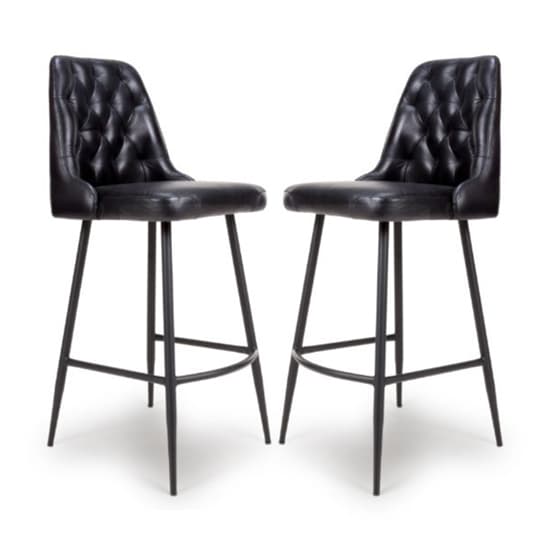 Basel Black Genuine Buffalo Leather Bar Chairs In Pair