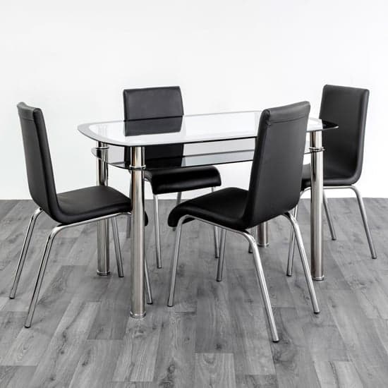 Bastia Glass Top Dining Table In Clear With 4 Black Chairs_1