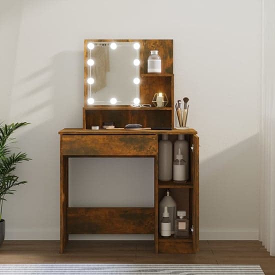 Baylah Wooden Dressing Table In Smoked Oak With LED Lights_1