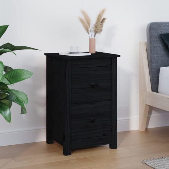 Beale Pine Wood Bedside Cabinet With 2 Drawers In Black_1