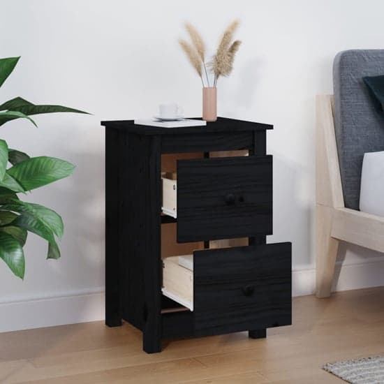 Beale Pine Wood Bedside Cabinet With 2 Drawers In Black_2