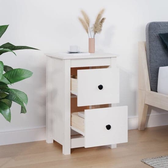 Beale Pine Wood Bedside Cabinet With 2 Drawers In White_2