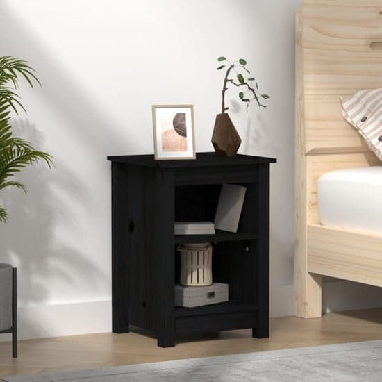 Beale Pine Wood Bedside Cabinet With 2 Shelves In Black_1