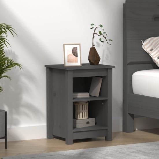 Beale Pine Wood Bedside Cabinet With 2 Shelves In Grey_1