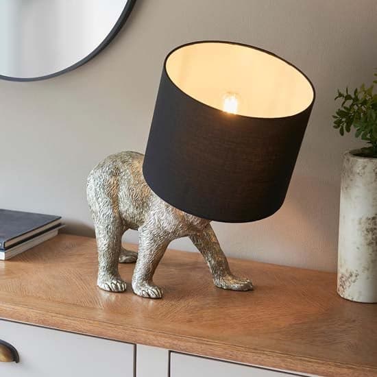 Beaune Bear Black Fabric Shade Table Lamp In Vintage Silver_2