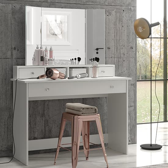 Beile Wooden Dressing Table With Folding Mirror In White Furniture in