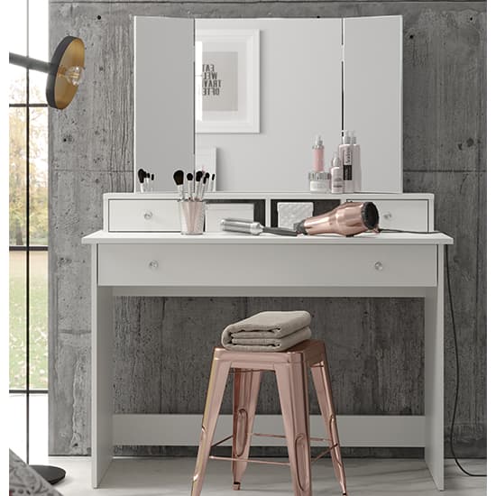 Beile Wooden Dressing Table With Folding Mirror In White Furniture in