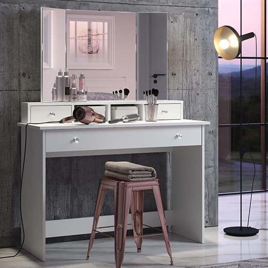 Beile Wooden Dressing Table With Folding Mirror In White Furniture in