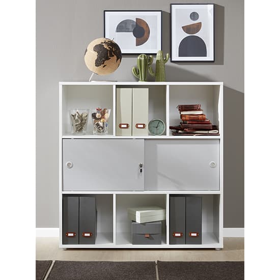 Beile Wooden Shelving Unit With 2 Sliding Doors In White_2