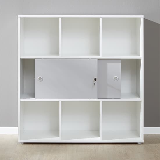 Beile Wooden Shelving Unit With 2 Sliding Doors In White_3