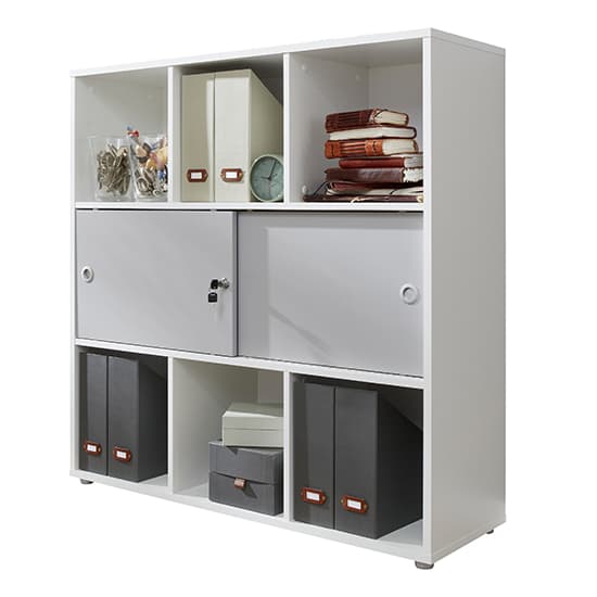 Beile Wooden Shelving Unit With 2 Sliding Doors In White_7