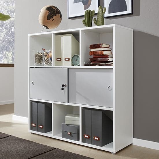 Beile Wooden Shelving Unit With 2 Sliding Doors In White_1