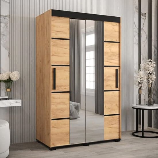 Beilla VI Mirrored Wardrobe 2 Sliding Doors 120cm In Golden Oak_1