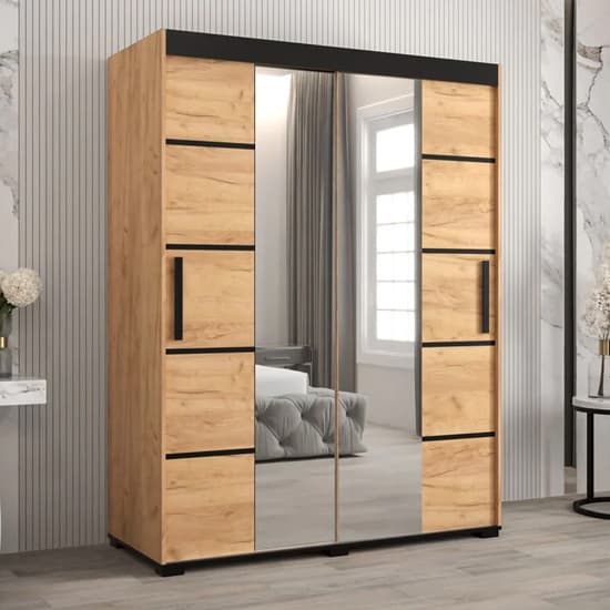 Beilla VI Mirrored Wardrobe 2 Sliding Doors 150cm In Golden Oak_1