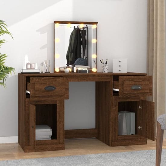 Belicia Wooden Dressing Table In Brown Oak With Mirror And LED_2