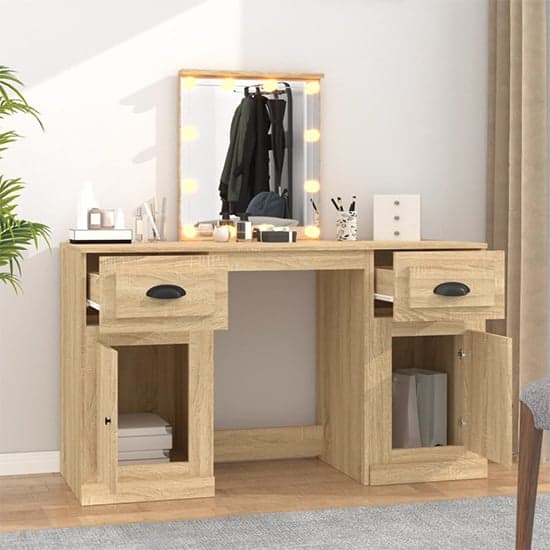 Belicia Wooden Dressing Table In Sonoma Oak With Mirror And LED_2