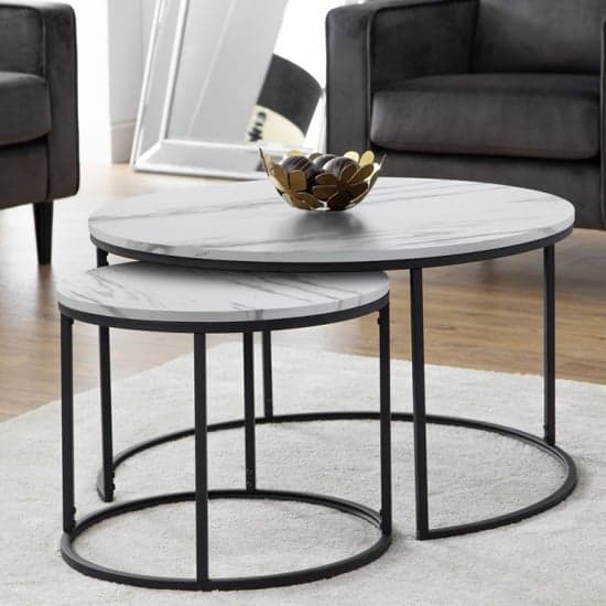 Barnett Round Wooden Nesting Coffee Table In White Marble Effect
