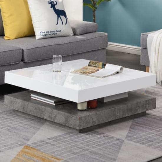 Hugo Rotating Gloss Coffee Table In White And Concrete Effect_2