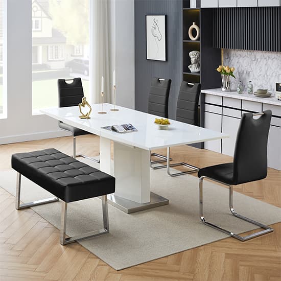 Belmonte White Dining Table Large 4 Petra Black Chairs Bench_3