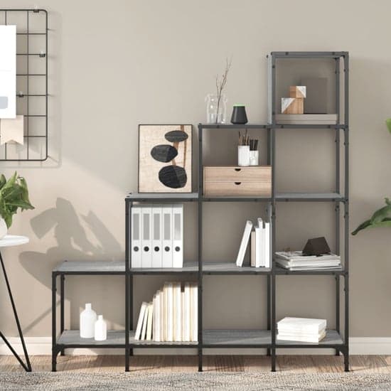 Belper Wooden Bookcase With 10 Shelves In Grey Sonoma_1