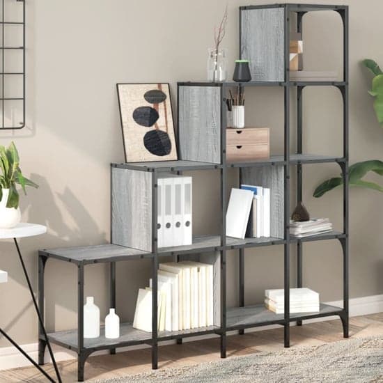 Belper Wooden Bookcase With 10 Shelves In Grey Sonoma_2