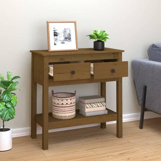 Belva Pine Wood Console Table With 2 Drawer In Honey Brown_2