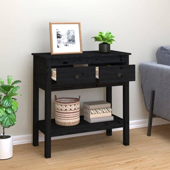 Belva Pine Wood Console Table With 2 Drawers In Black_2