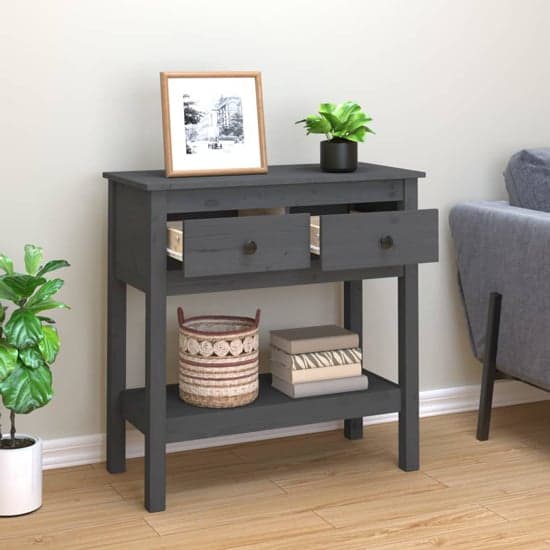 Belva Pine Wood Console Table With 2 Drawers In Grey_2